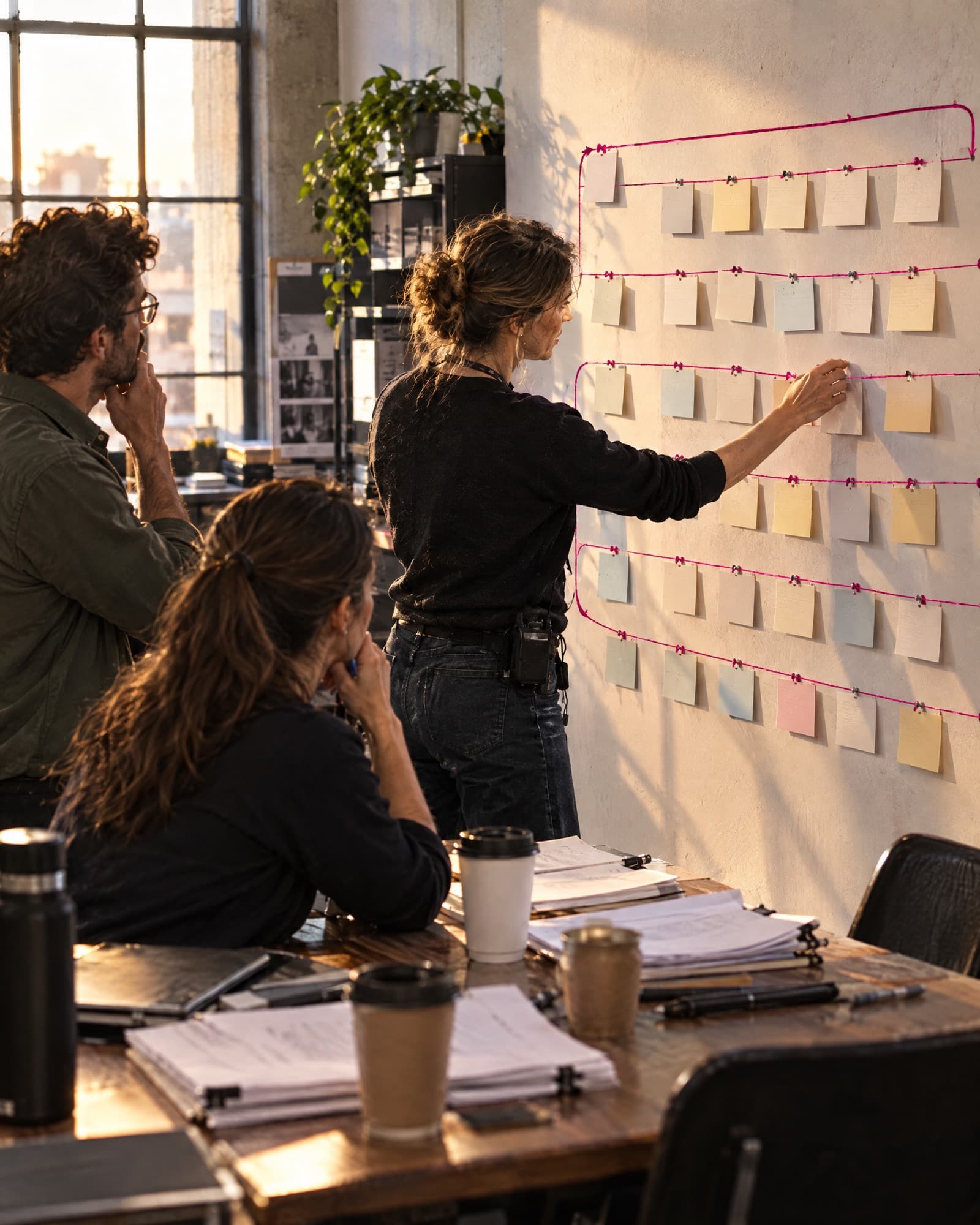 La réalisatrice épingle des notes sur un tableau relié par un fil magenta, tandis que deux collègues attablés réfléchissent à la suite.