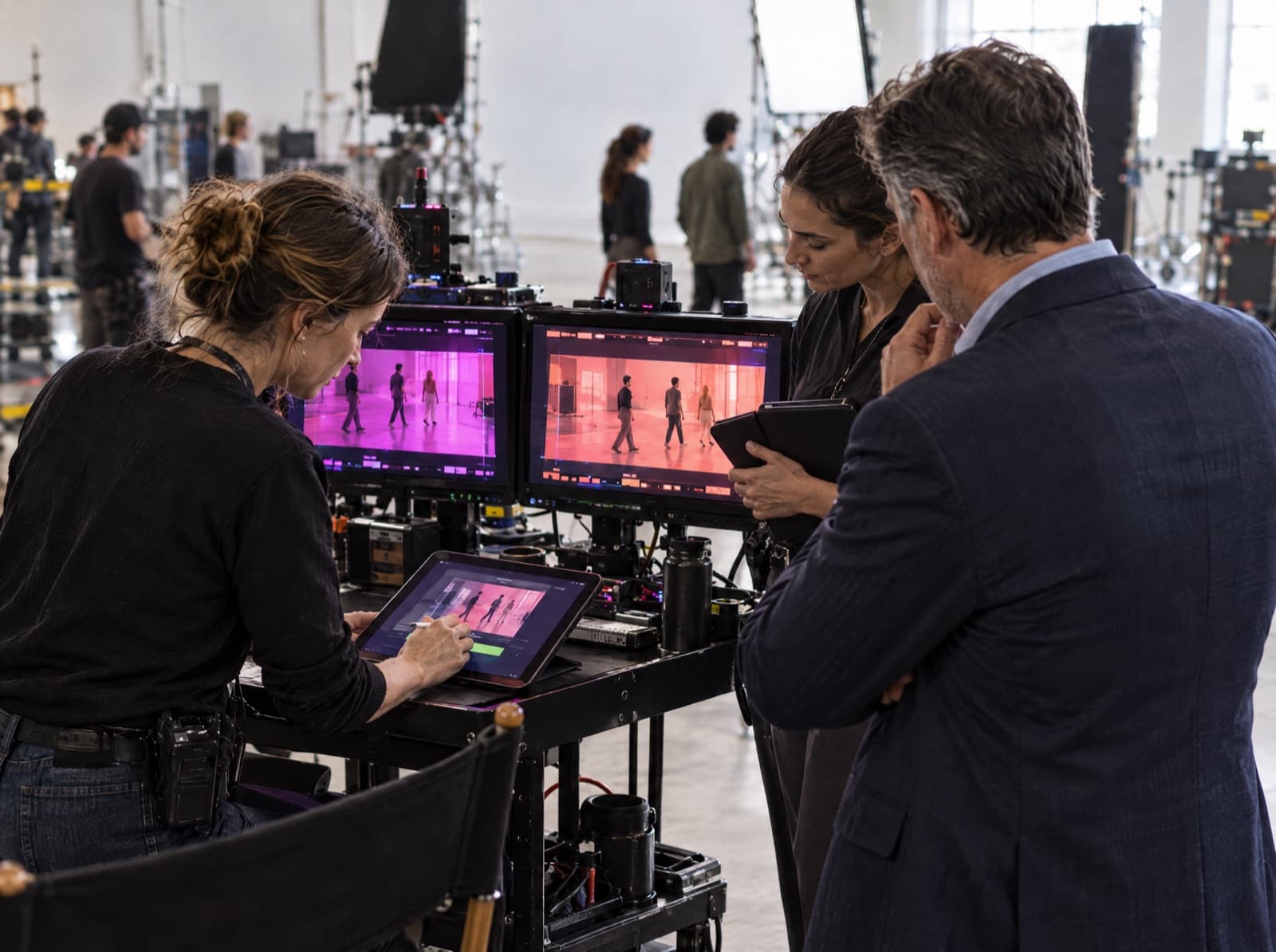 At the monitors, the director reviews a shot on a tablet as a colleague and the client look over her shoulder.