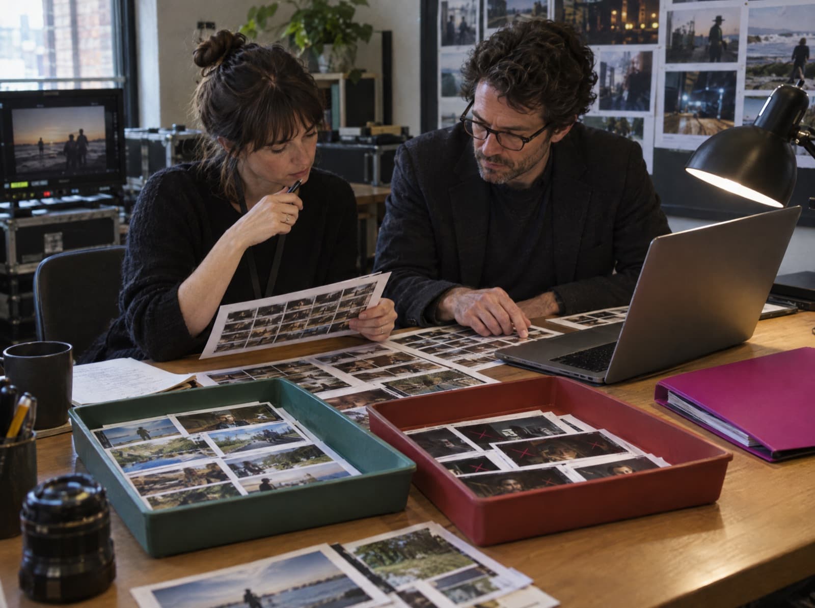 À un bureau couvert de photos imprimées, deux membres de l'équipe trient les plans dans deux bacs, ceux que l'on garde et ceux que l'on écarte.