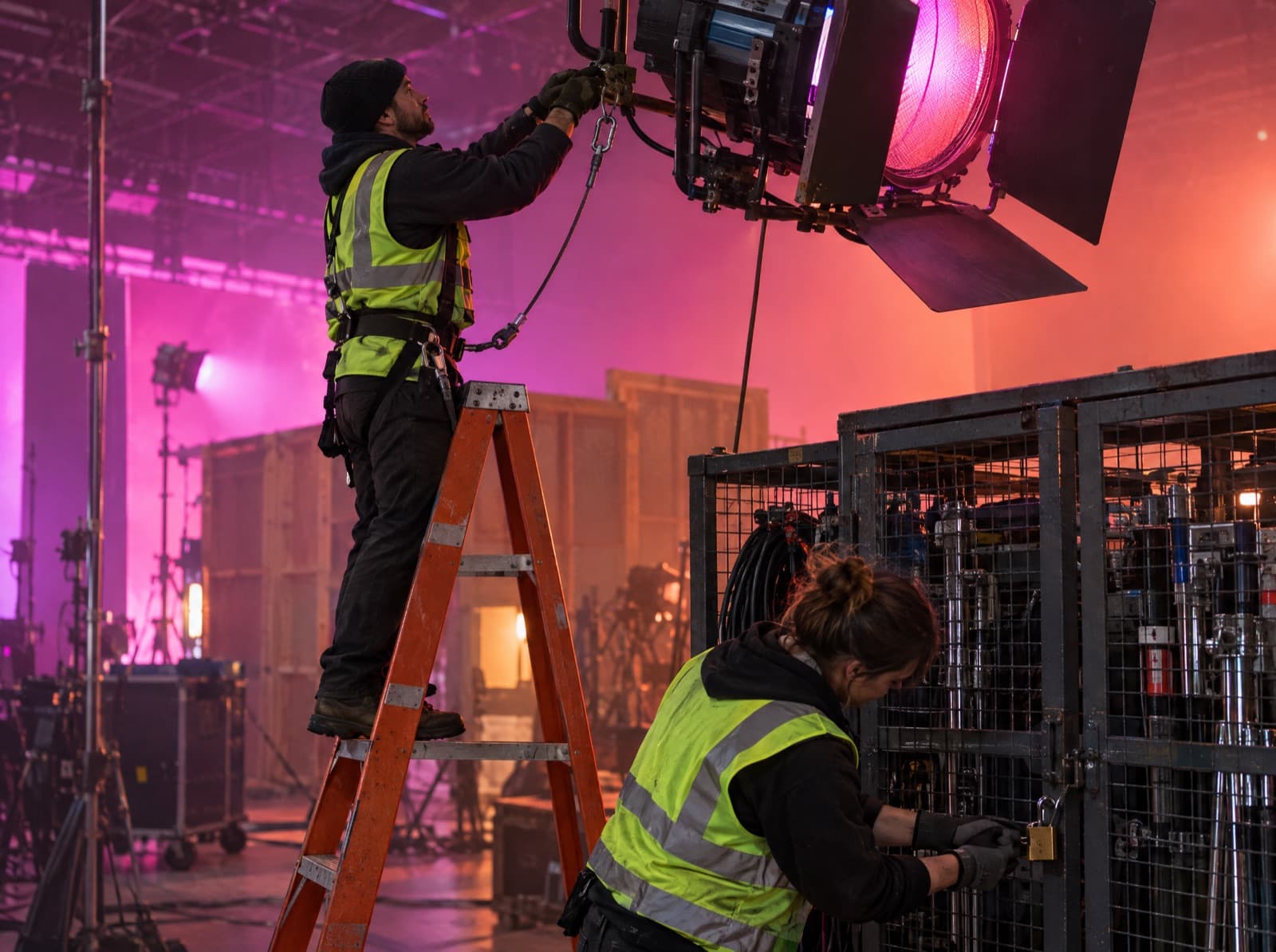 En gilets haute visibilité, un électricien fixe un projecteur du haut d'une échelle pendant qu'une collègue verrouille la cage du matériel.