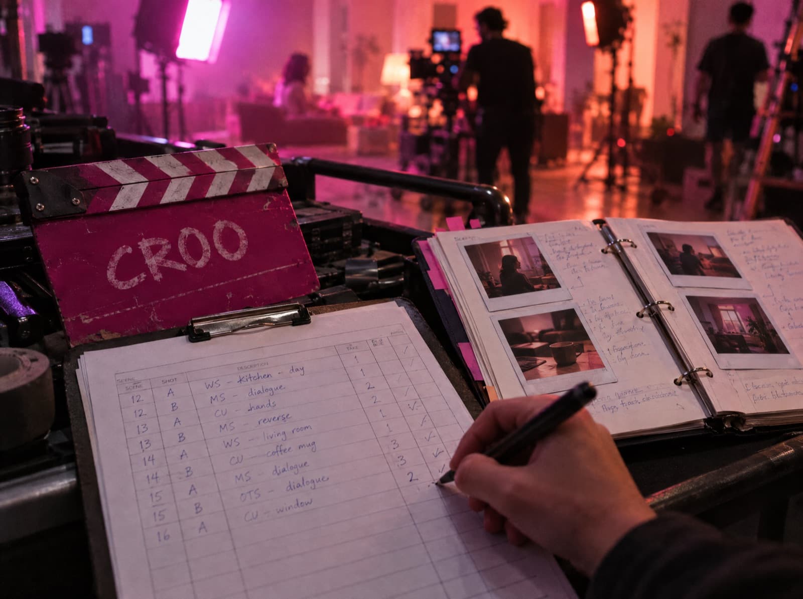 Une main remplit le rapport de prises à côté du clap magenta CROO et d'un classeur de photos de raccord.