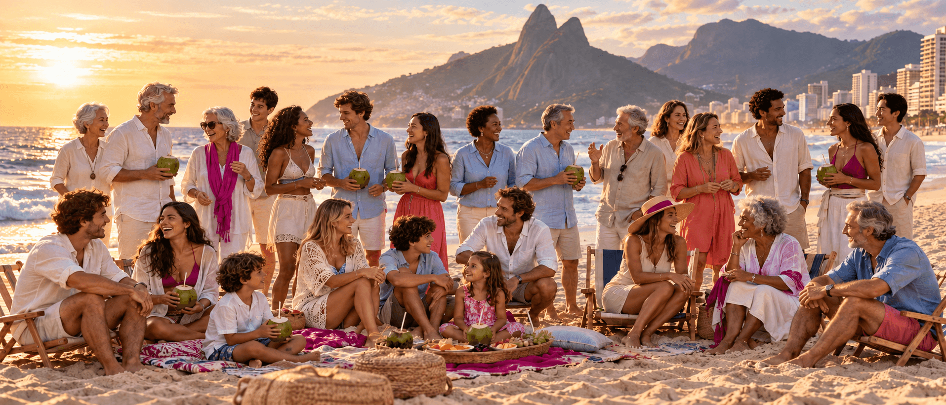Illustration de la vision du collectif : plusieurs générations réunies sur une plage de Rio.
