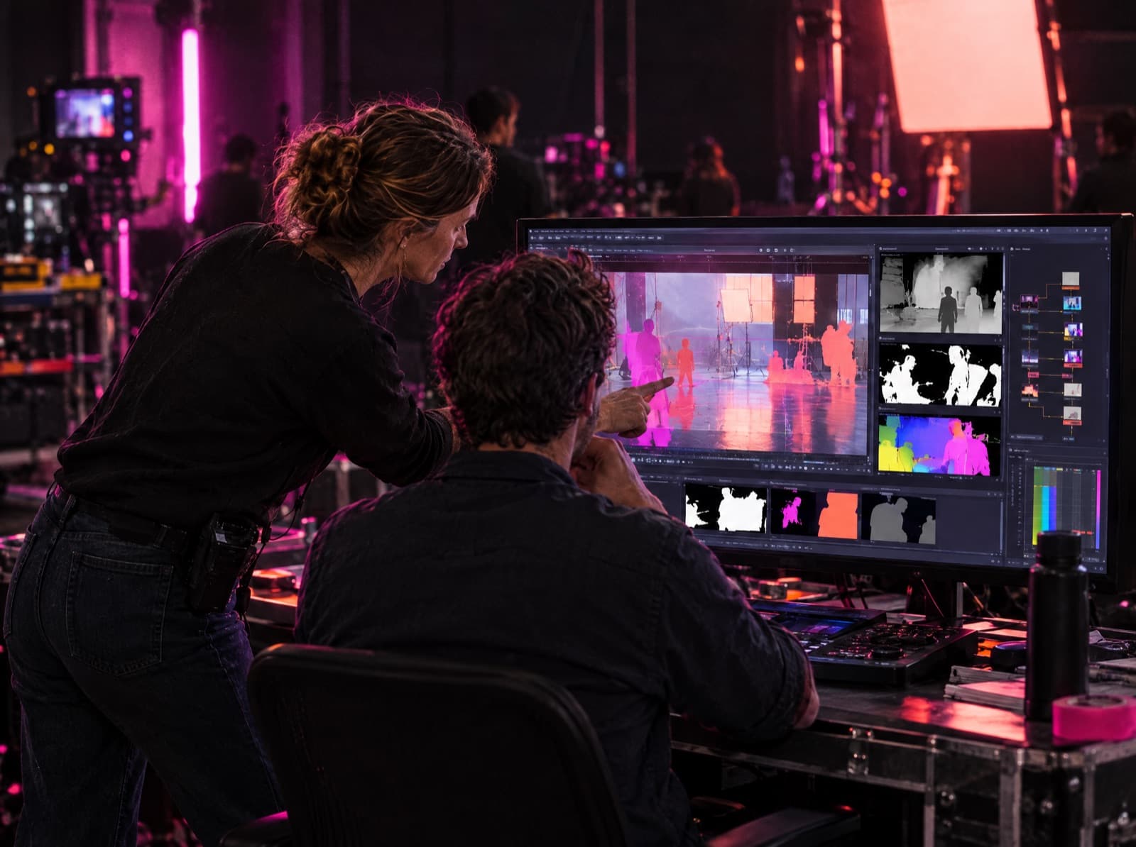 In the visual effects suite, the director points at a shot on screen while an artist works through its layers.