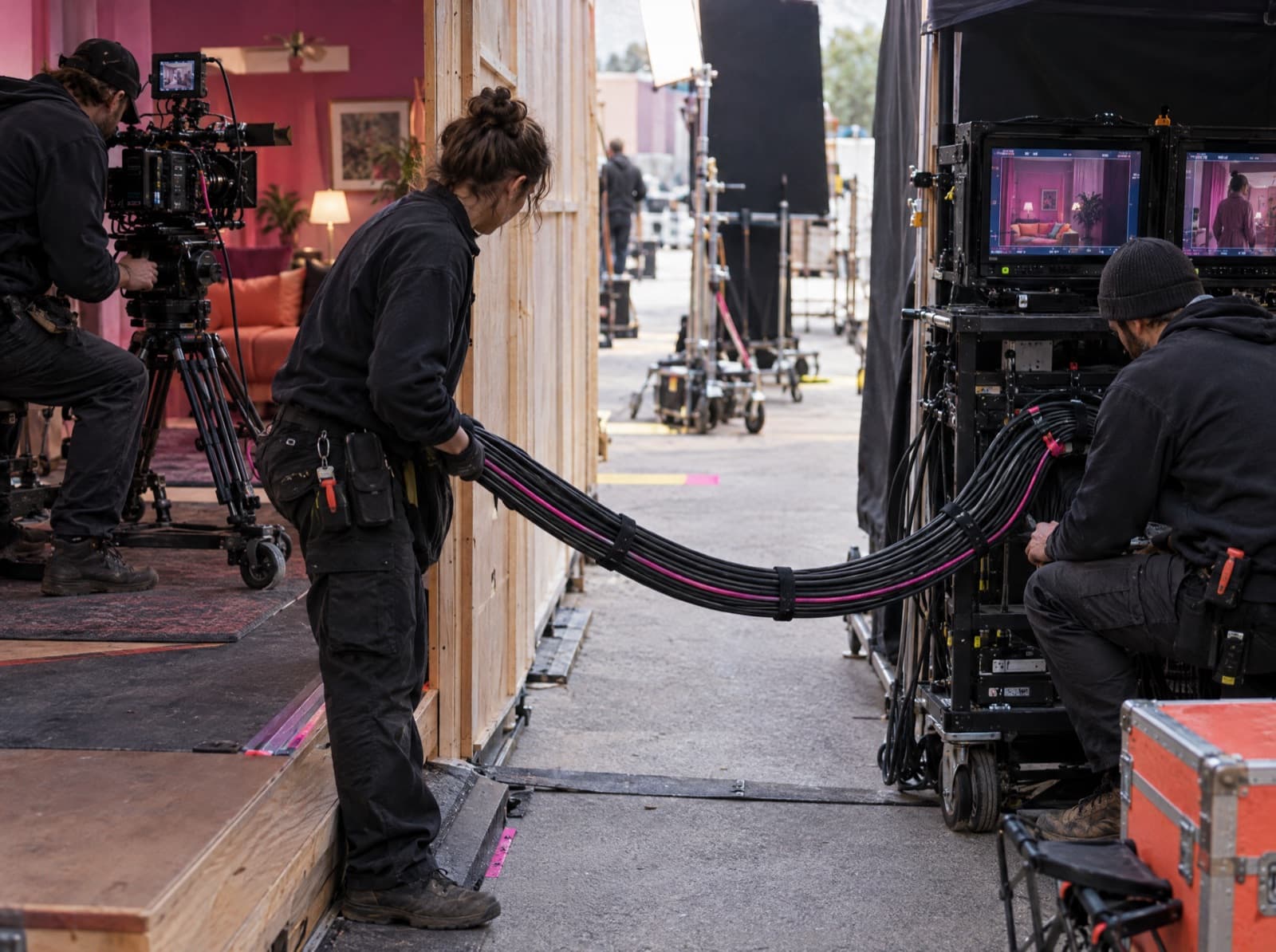 A crew member runs a bundle of cables from the set to a technician who connects them to the monitors.