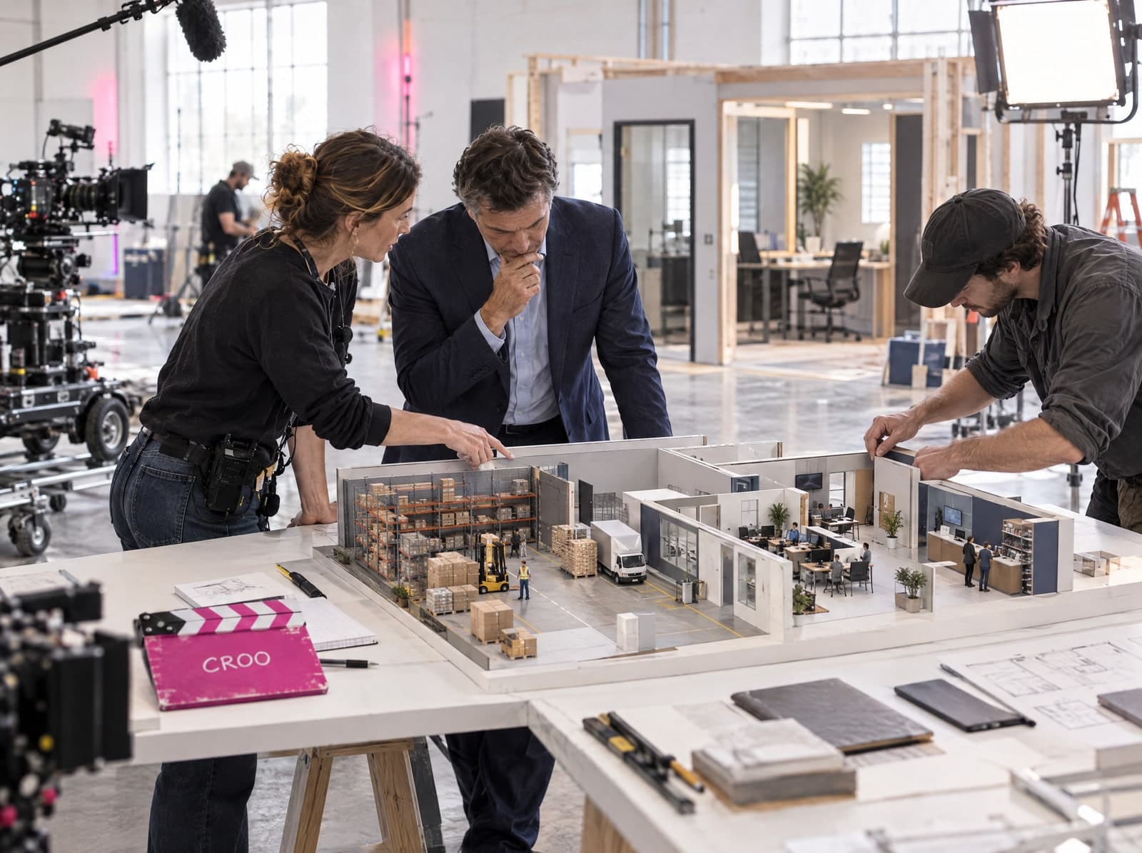 En un set de cine luminoso, la directora y el cliente estudian una maqueta de espacios de trabajo conectados mientras un diseñador de producción ajusta una pared en miniatura.