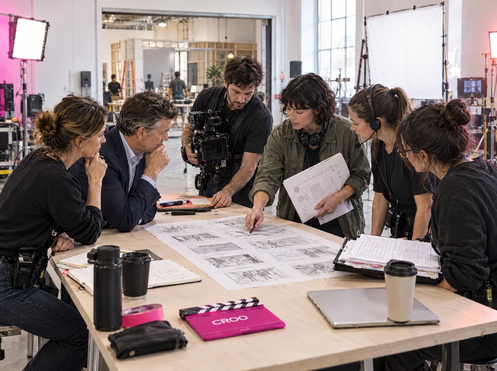 La réalisatrice et le client se retrouvent autour d’un storyboard avec des spécialistes de la caméra, des décors et de la continuité dans un bureau de production lumineux.