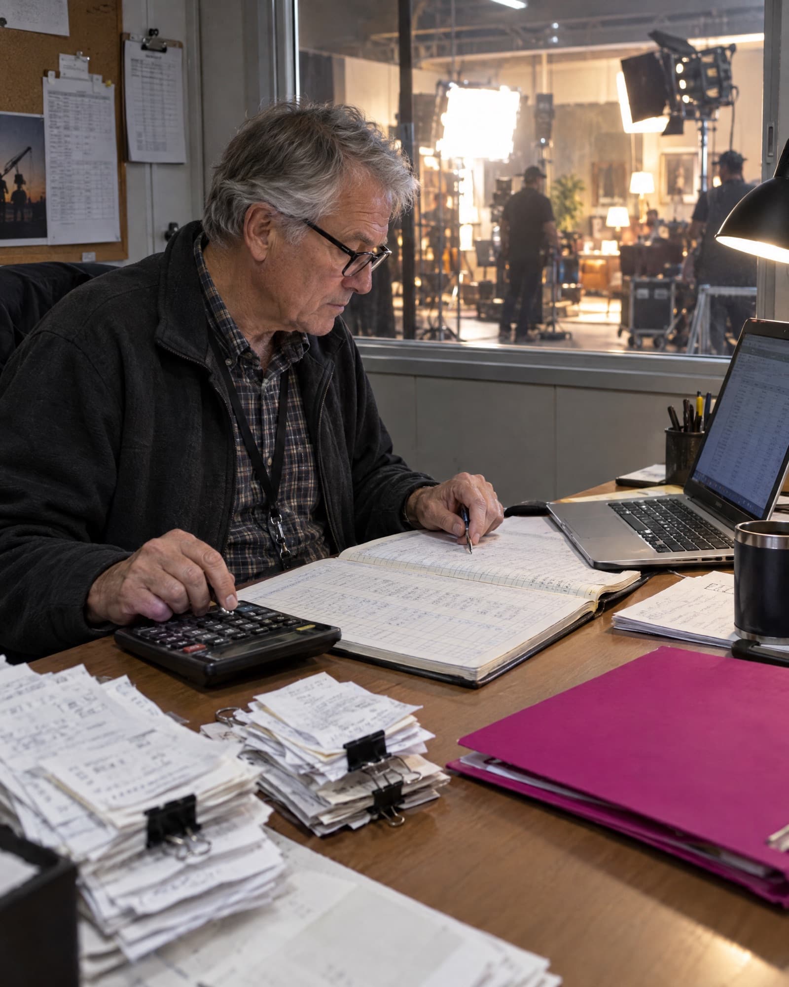 In the production office, an accountant checks a pile of receipts against a ledger, the lit set visible through the window behind him.
