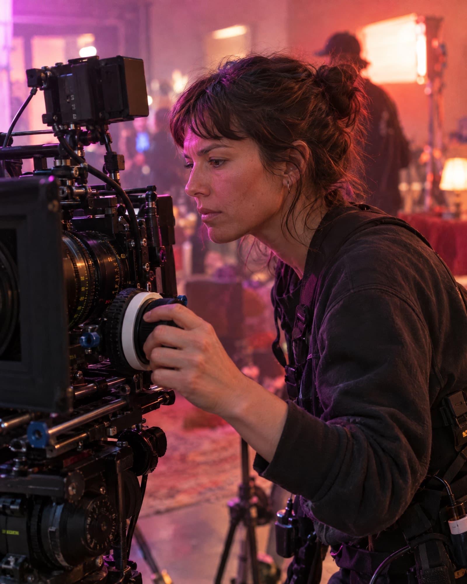 A camera assistant pulls focus on a cinema camera under magenta and coral set lights.