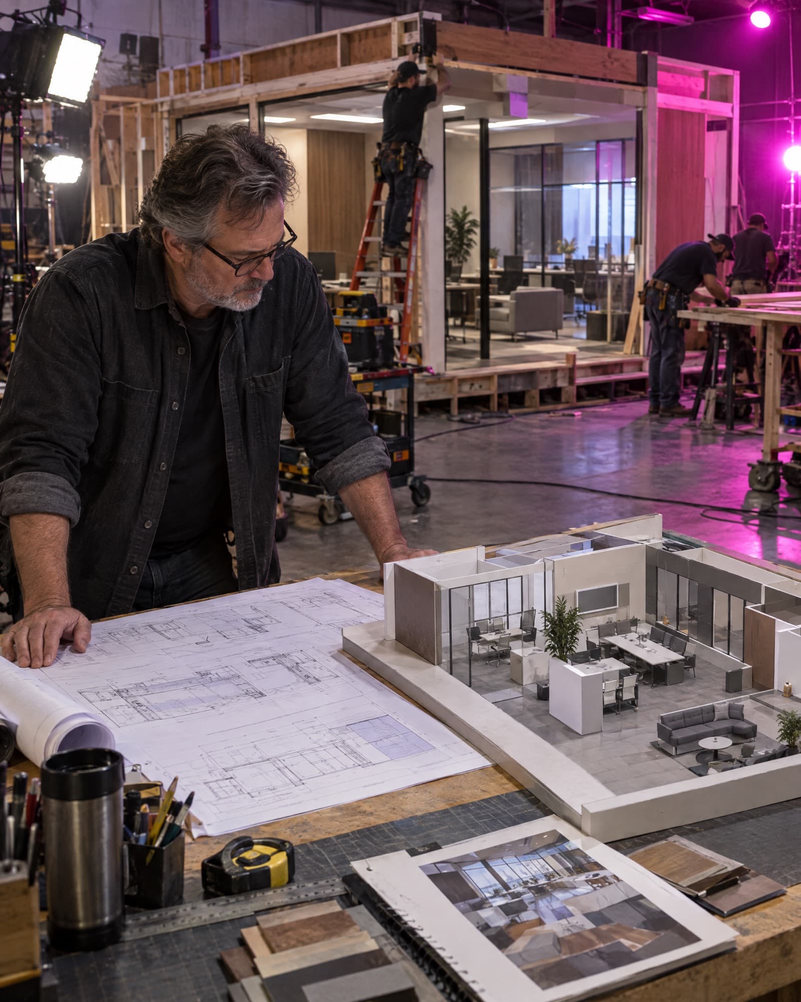 A production designer leans over plans and a scale model of an office set, while carpenters build the full-size set behind him.