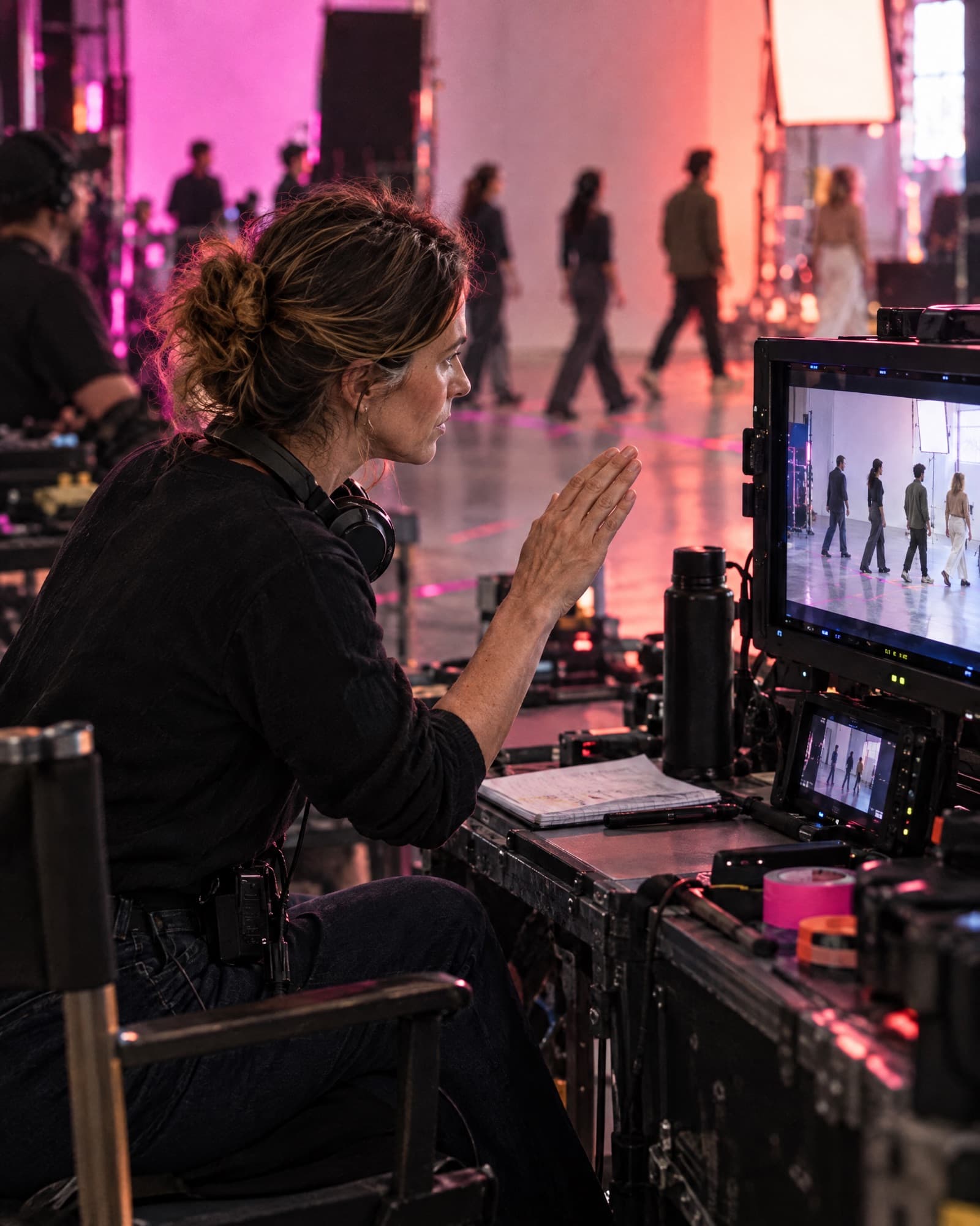 The director watches a rehearsal on the monitor and signals to the actors crossing the stage behind it.