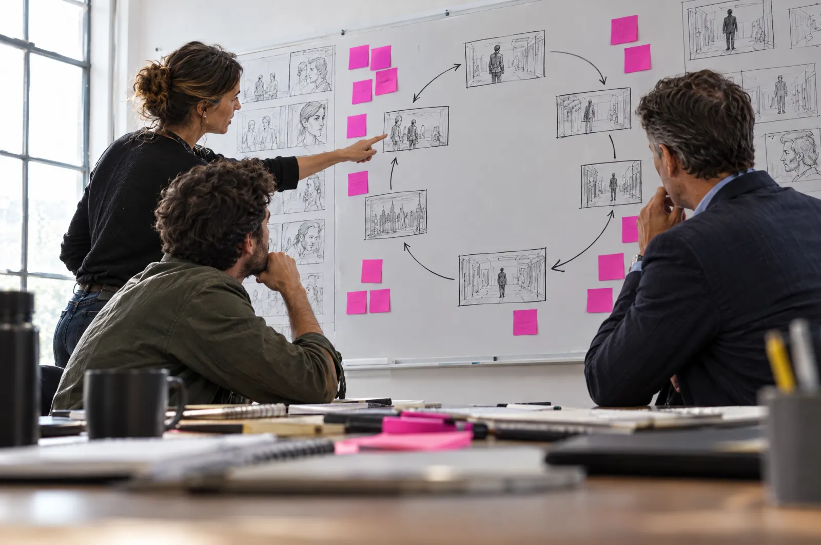 A director points to a storyboard whose sketches are linked in a loop, while two people at the table study it.