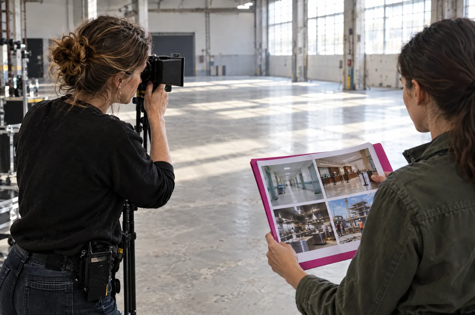 In an empty industrial hall, a director frames a shot while a colleague holds up photos of possible locations: a hospital corridor, a lobby, a kitchen and a building site.