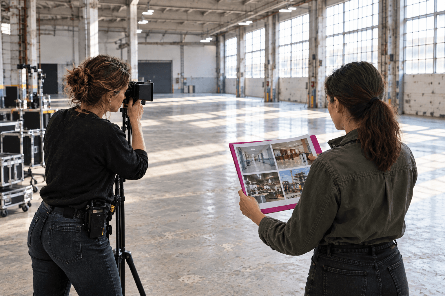 In an empty industrial hall, a director frames a shot while a colleague holds up photos of possible locations: a hospital corridor, a lobby, a kitchen and a building site.