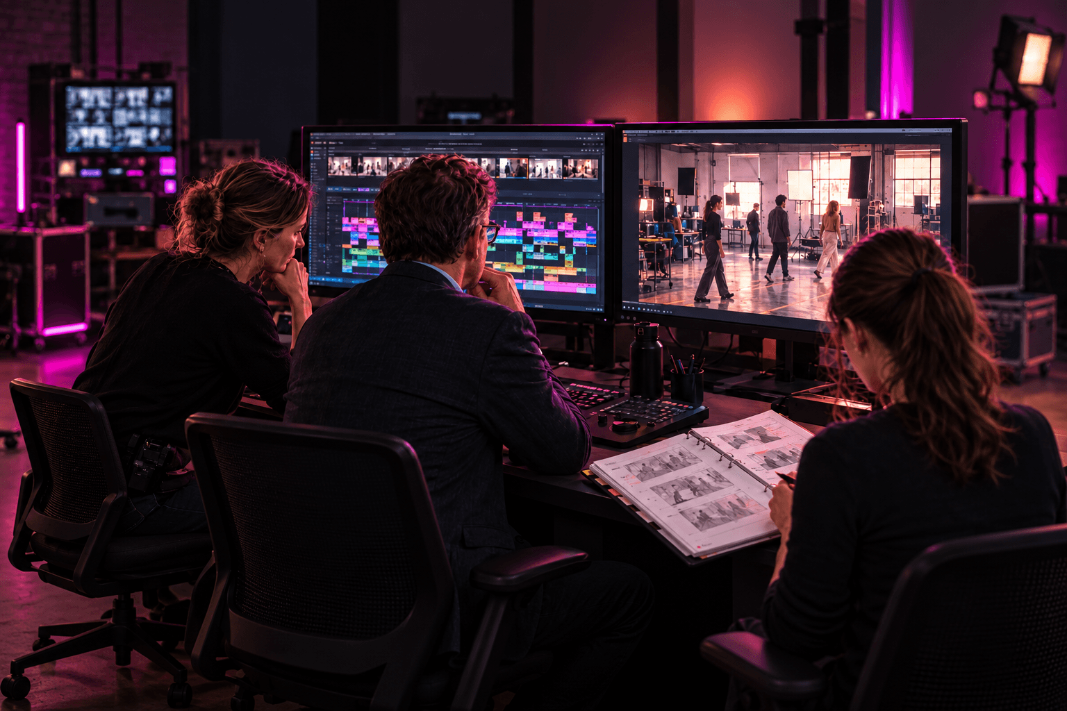 In a dark editing suite, a director and a client review a cut on two monitors while an assistant checks the shots against the storyboard.